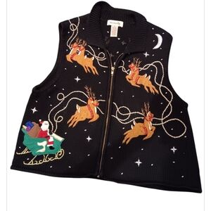 VTG Bechamel Ugly Sweater Vest Christmas Holiday Santa Sleigh & Reindeer Size M
